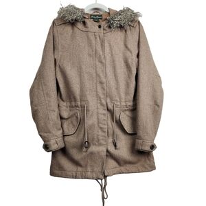 Eddie Bauer Light Brown Wool Blend Hooded Jacket Faux Fur Women's Size Medium